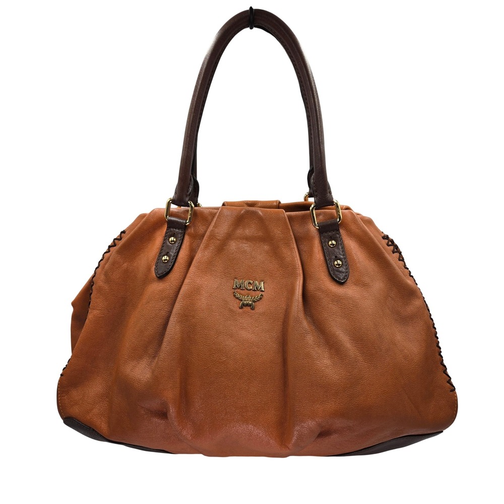 MCM Leather Satchel Handbag Purse Cognac‎ Brown Top Handle Designer Bag